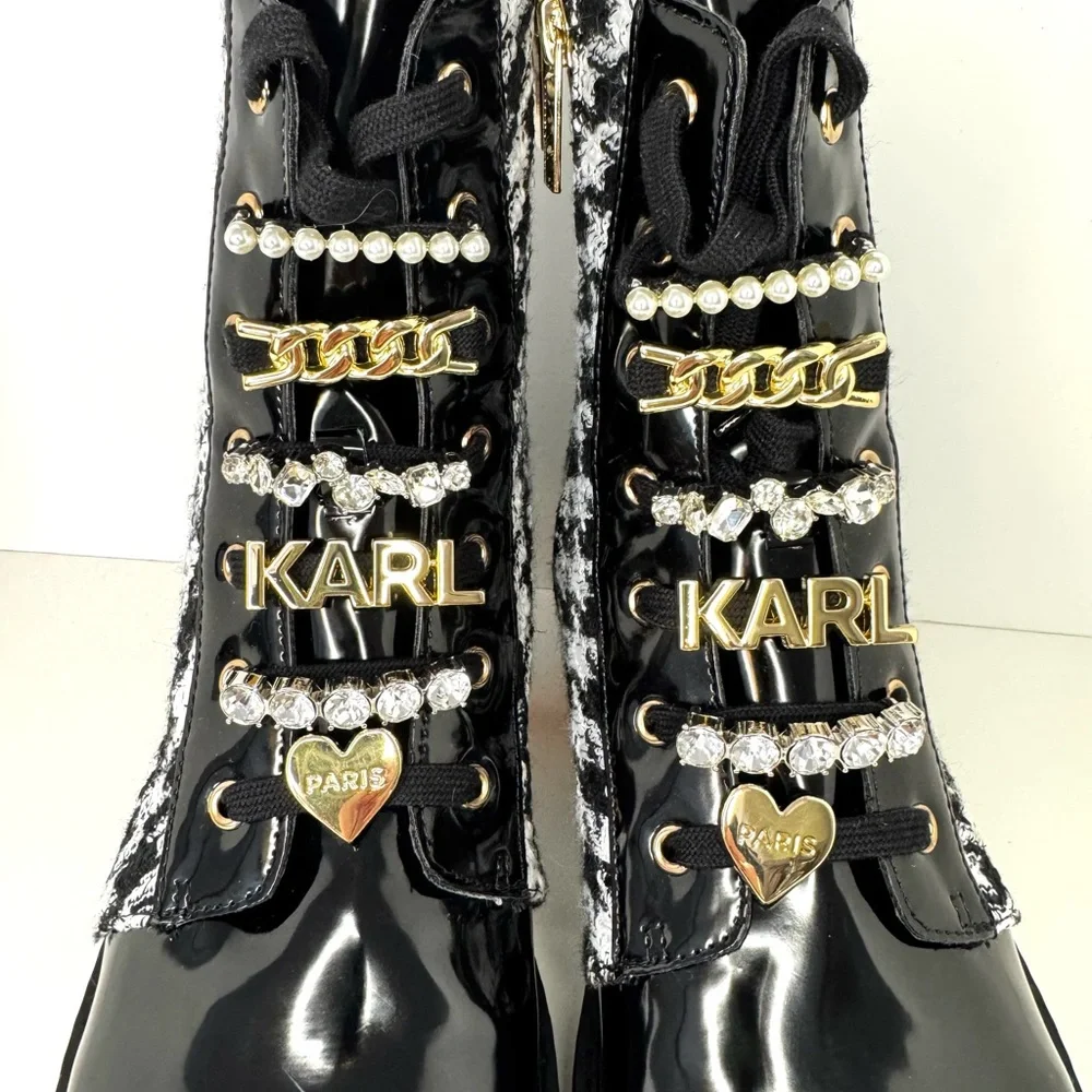 New Karl Lagerfeld Mela Tweed Black/White Combat Boots - Picture 2 of 12